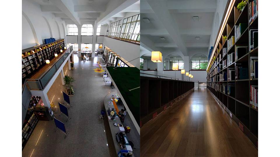 以文圖書館入口大廳的挑高設計，給予到訪者寬敞、大氣的第一印象。而藝術類的樓中樓書牆，也為圖書館賦予了設計質感。